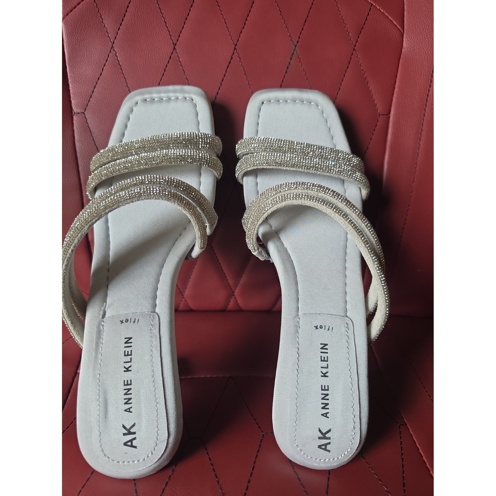 Anne Klein Joie Silver Rhinestone Mid Heel Slip On Strappy Sandal Mule Size  10